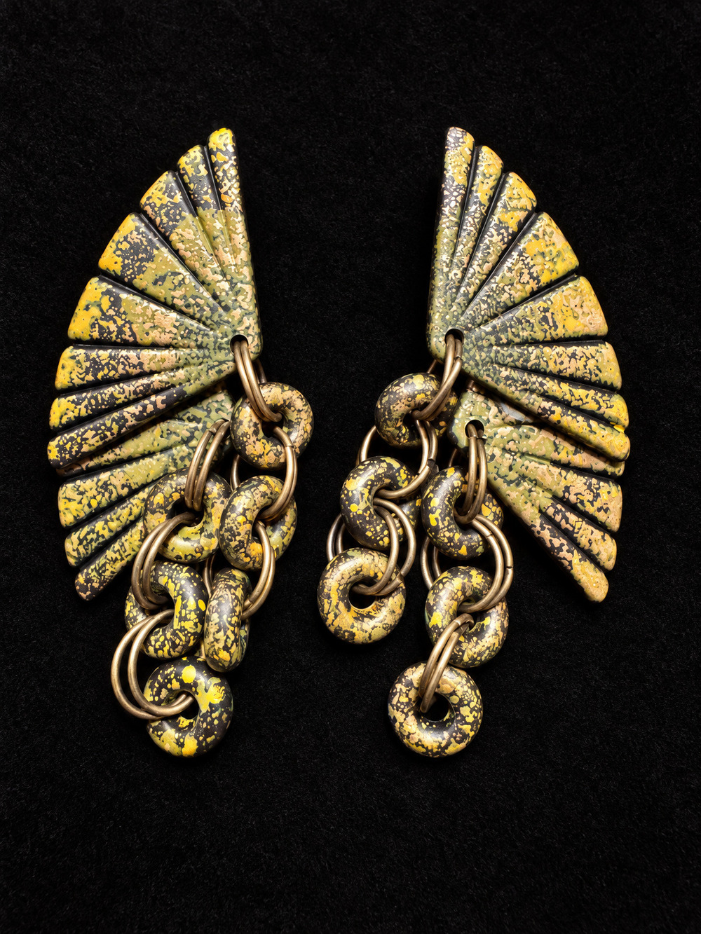 ⚜️ Artisan Statement Earrings | Wing Fan Dangle | Yellow Black Gold 💗